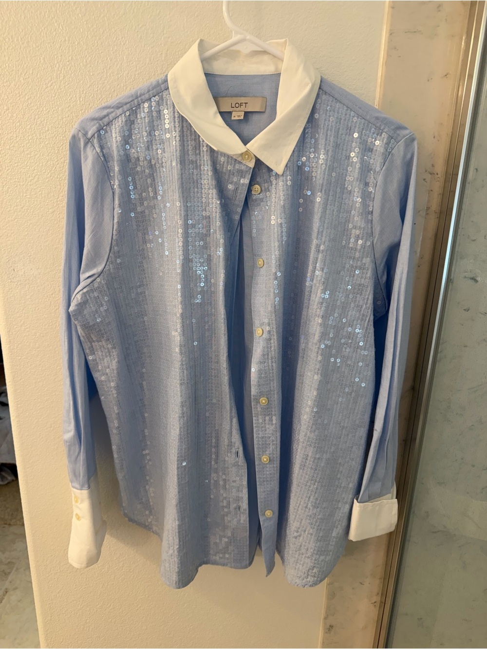 LOFT Blue Sequin Dress Shirt with White Contrast Collar